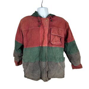 Vintage Preston & York Multicolor Hooded Jacket S Green Red Leather Clean